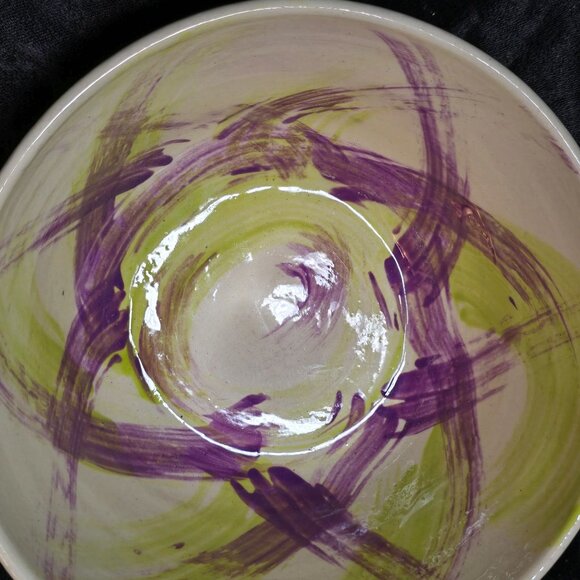 Handcrafted Ceramic Bowl With Abstract Purple & Green Brushstrokes - Picture 5 of 9